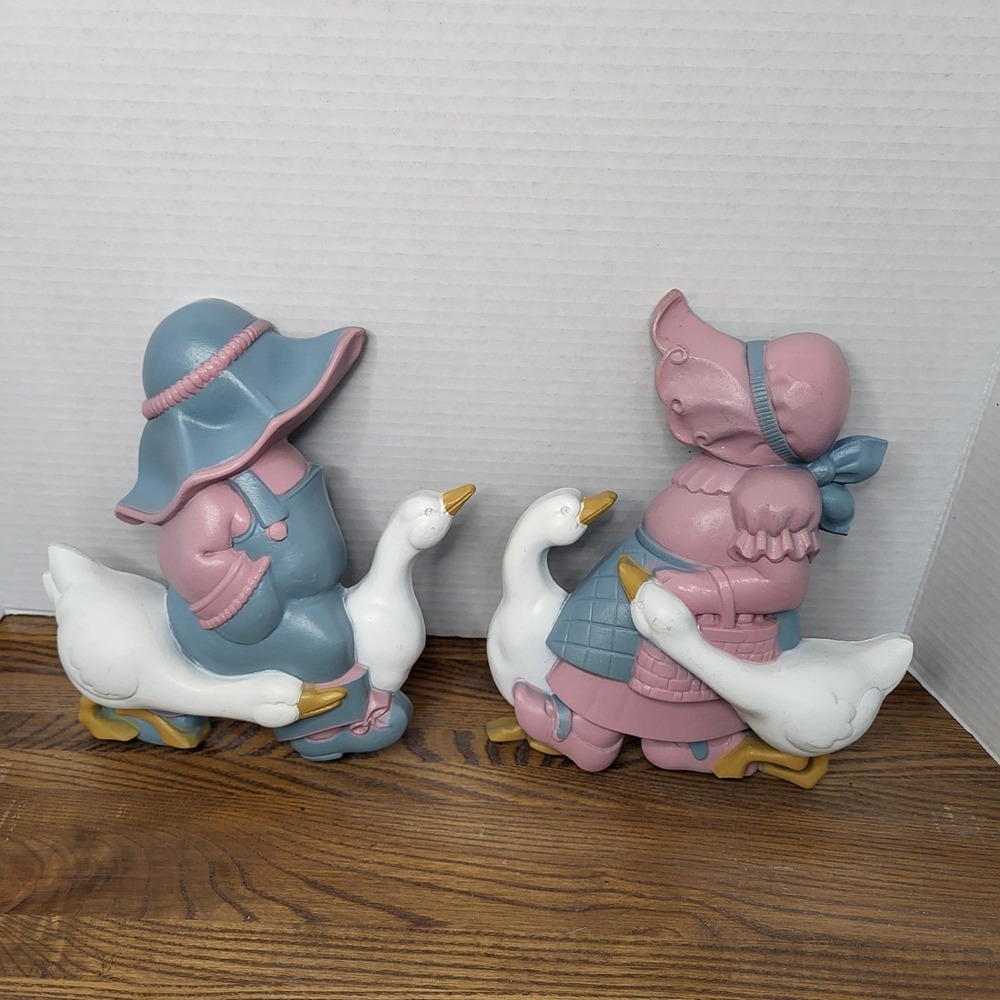 VTG Burwood Set 0f 2 Country Boy & Girl With Ducks Wall Hanging Plaques Decor